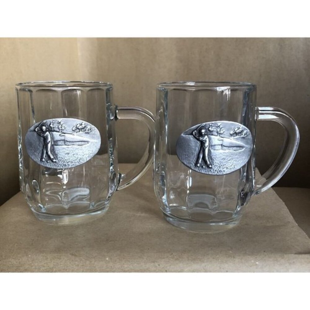 Vintage Pewter Medallion Golf Glass Mug 10oz Set Of 2.
